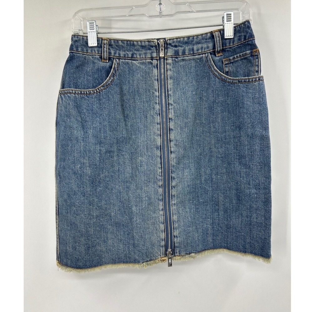 Avec Les Filles Denim Mini Skirt Medium Wash Front Zip Frayed Hem Womens 29